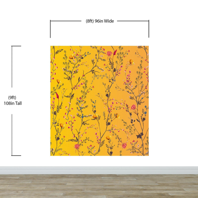 Botanical Flower Garden With Yellow Orange Background Wall Mural. Blossom Flower Decor.