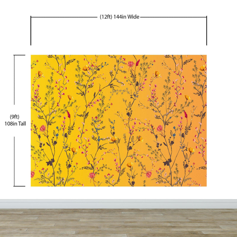 Botanical Flower Garden With Yellow Orange Background Wall Mural. Blossom Flower Decor.