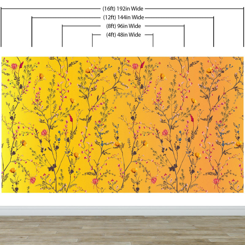 Botanical Flower Garden With Yellow Orange Background Wall Mural. Blossom Flower Decor.