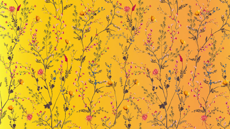 Botanical Flower Garden With Yellow Orange Background Wall Mural. Blossom Flower Decor.