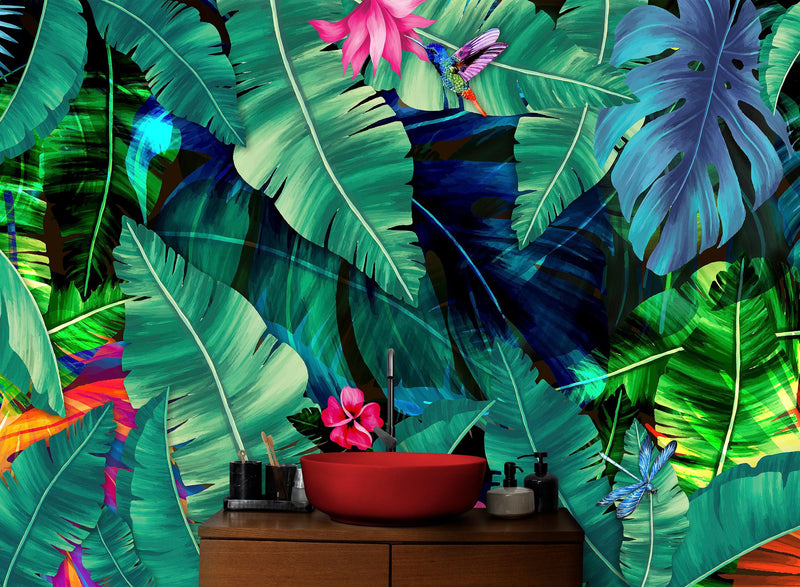 Rainforest Jungle Tropical Wallpaper. Green Flowers and Palm Tree Leaves Design.