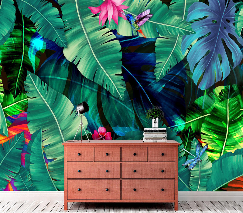 Rainforest Jungle Tropical Wallpaper. Green Flowers and Palm Tree Leaves Design.