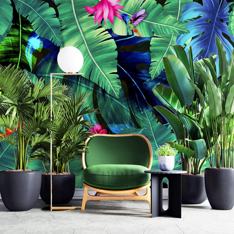 Rainforest Jungle Tropical Wallpaper. Green Flowers and Palm Tree Leaves Design.