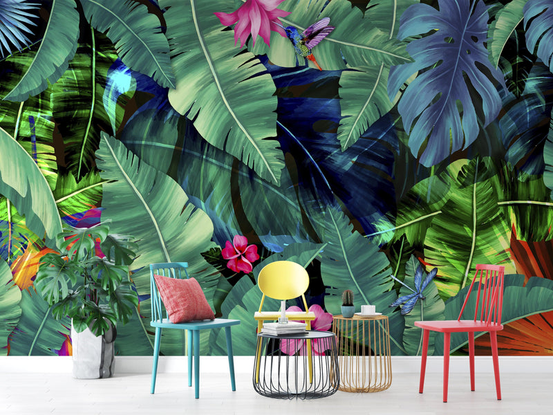 Rainforest Jungle Tropical Wallpaper. Green Flowers and Palm Tree Leaves Design.