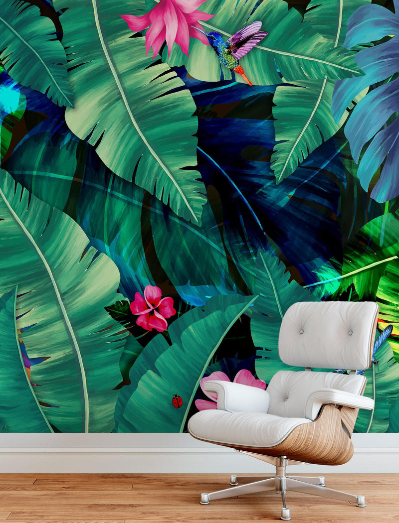 Rainforest Jungle Tropical Wallpaper. Green Flowers and Palm Tree Leaves Design.