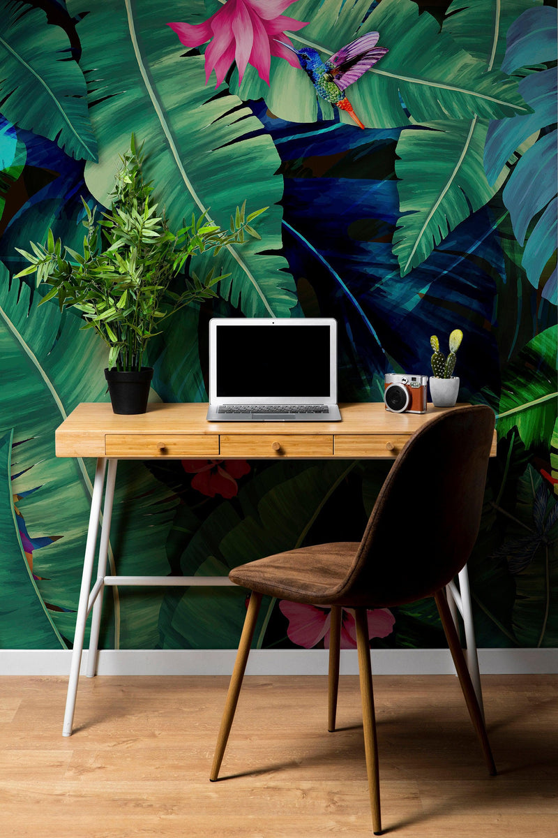 Rainforest Jungle Tropical Wallpaper. Green Flowers and Palm Tree Leaves Design.