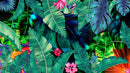Rainforest Jungle Tropical Wallpaper. Green Flowers and Palm Tree Leaves Design.