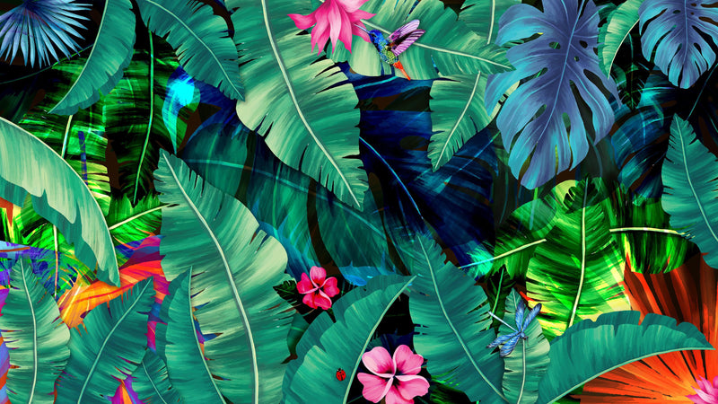 Rainforest Jungle Tropical Wallpaper. Green Flowers and Palm Tree Leaves Design.