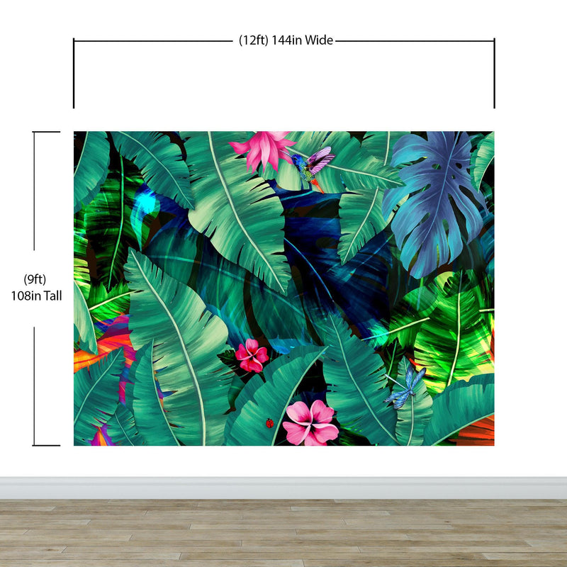 Rainforest Jungle Tropical Wallpaper. Green Flowers and Palm Tree Leaves Design.