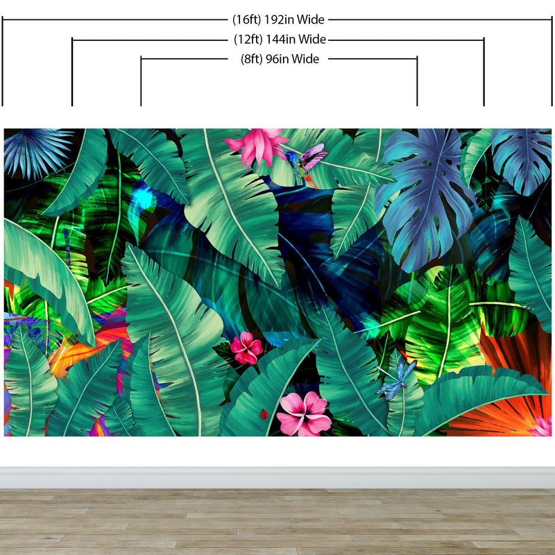 Rainforest Jungle Tropical Wallpaper. Green Flowers and Palm Tree Leaves Design.