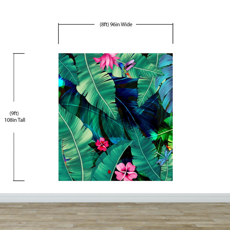 Rainforest Jungle Tropical Wallpaper. Green Flowers and Palm Tree Leaves Design.