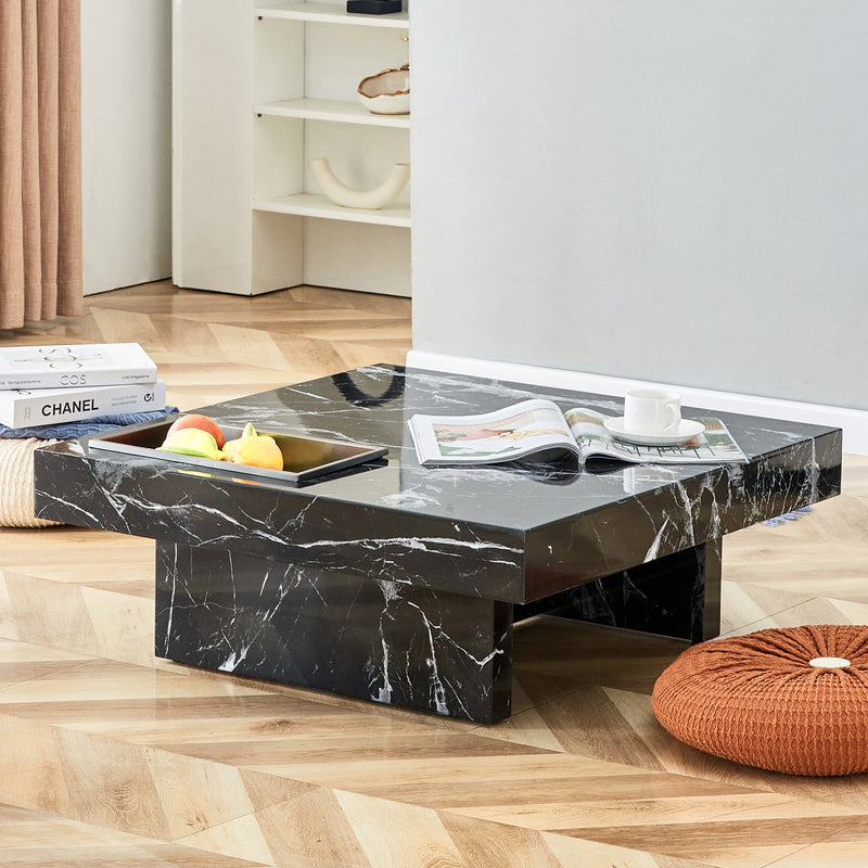 A modern and practical coffee table made of MDF material with black patterns. The fusion of elegance and natural fashion 31.4"x31.4"x12"