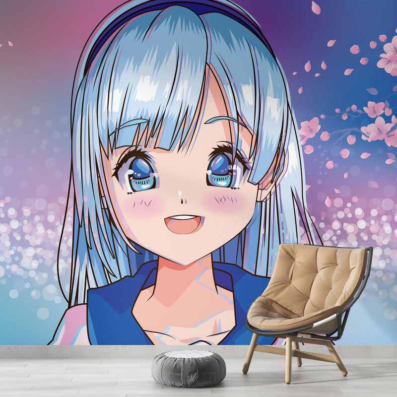 Cute Girl Anime Wall Mural. Japanese Style Animation Design.