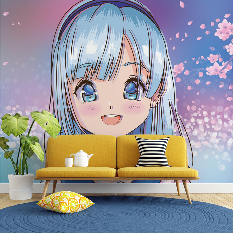 Cute Girl Anime Wall Mural. Japanese Style Animation Design.