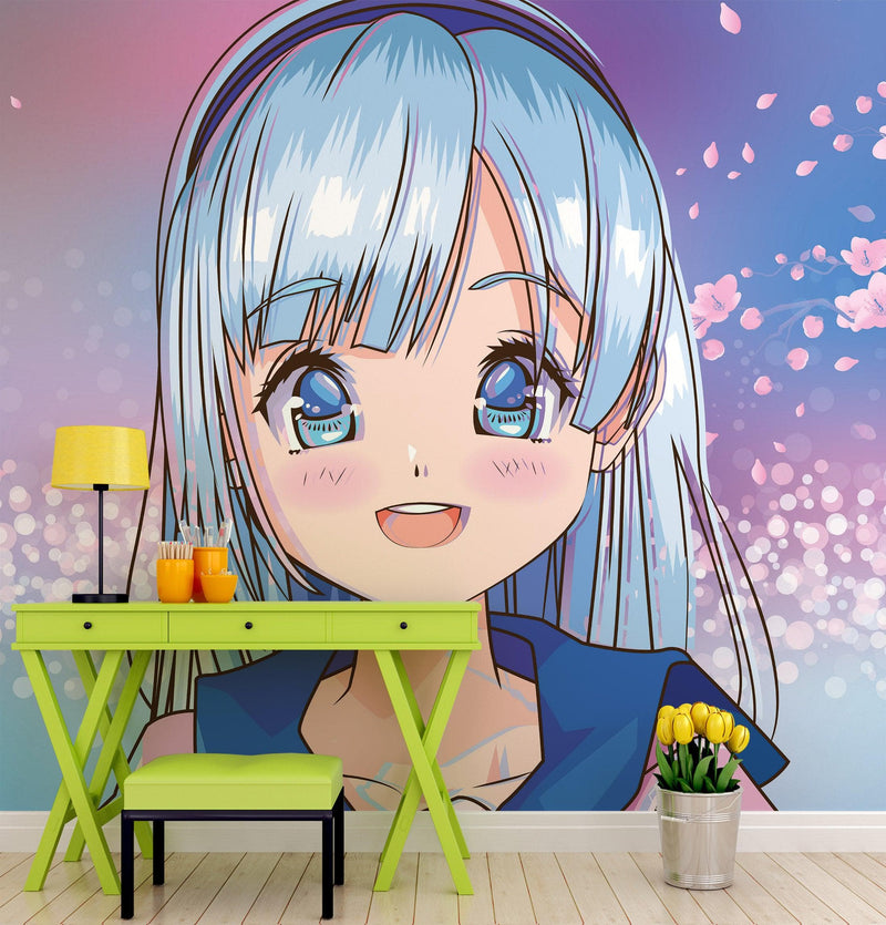 Cute Girl Anime Wall Mural. Japanese Style Animation Design.