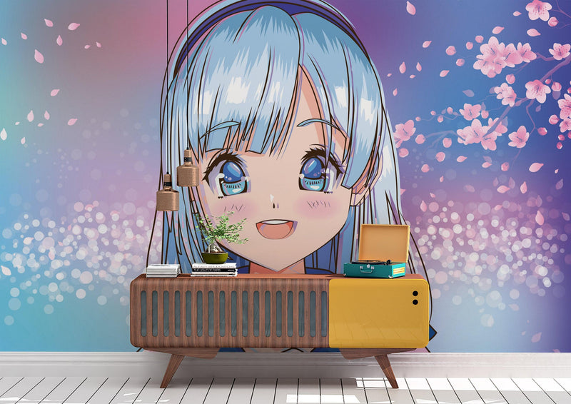 Cute Girl Anime Wall Mural. Japanese Style Animation Design.