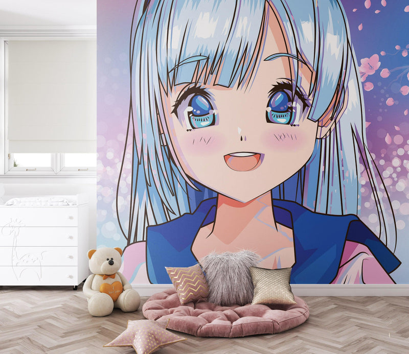 Cute Girl Anime Wall Mural. Japanese Style Animation Design.