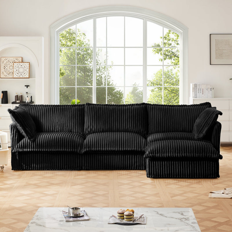 L-Shaped Slipcovered Sectional Sofa Couch, Comfy Deep Seat Cloud Couch with Convertible Ottoman & 2 Big Pillows, Modern Oversized 3 Seater Slipcovered Sofa Set for Living Room Office, Black Corduroy