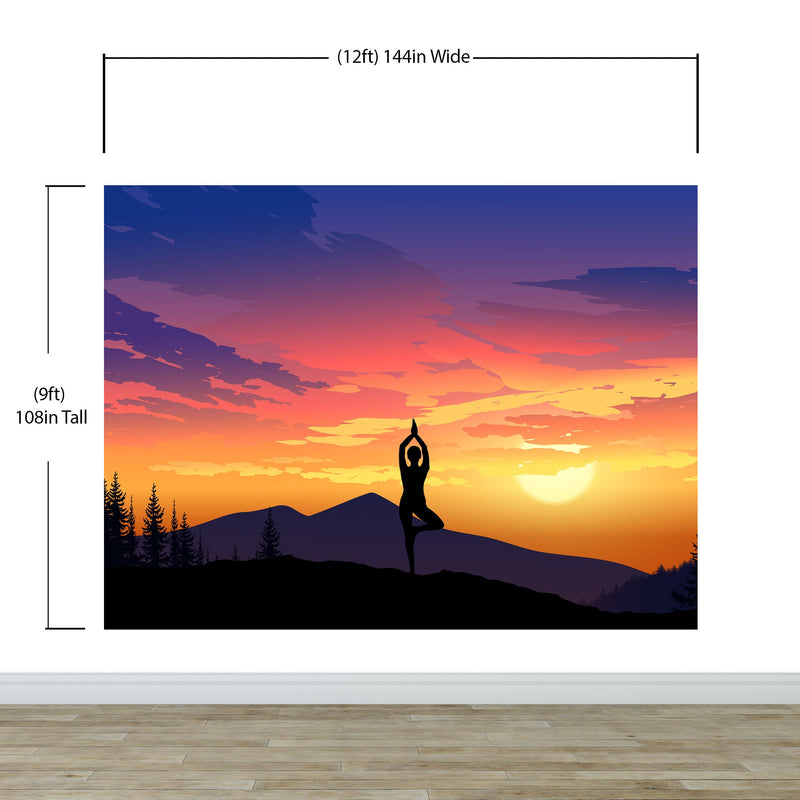 Yoga Meditating On Top of Mountain View Wall Mural. Calm Sunrise Design Peel and Stick Wallpaper.