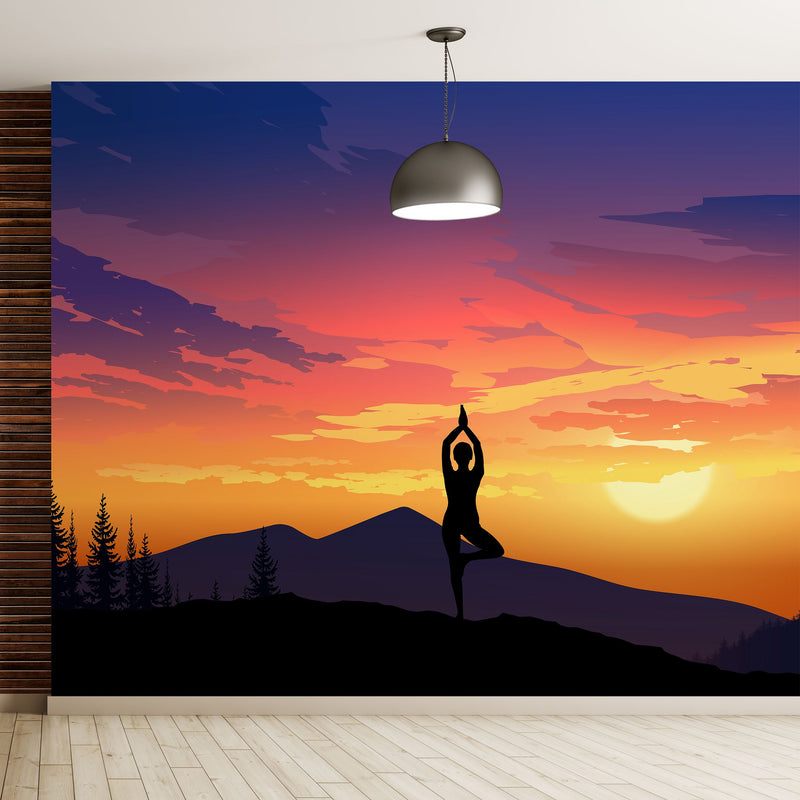 Yoga Meditating On Top of Mountain View Wall Mural. Calm Sunrise Design Peel and Stick Wallpaper.