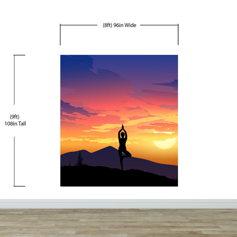 Yoga Meditating On Top of Mountain View Wall Mural. Calm Sunrise Design Peel and Stick Wallpaper.