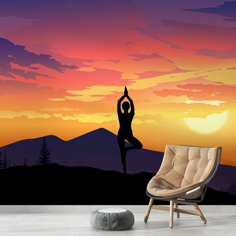 Yoga Meditating On Top of Mountain View Wall Mural. Calm Sunrise Design Peel and Stick Wallpaper.