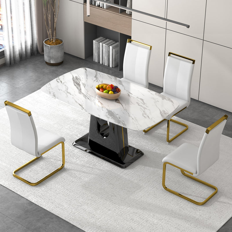 A modern, minimalist, and luxurious dining table with a white imitation marble tabletop and MDF legs with U-shaped brackets. Tables in restaurants and living rooms 63"x35.4"x30 F-U