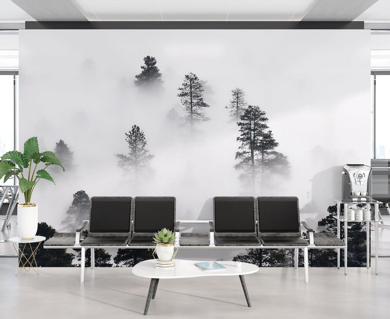 Foggy Forest Wallpaper Black and White Wall Mural.