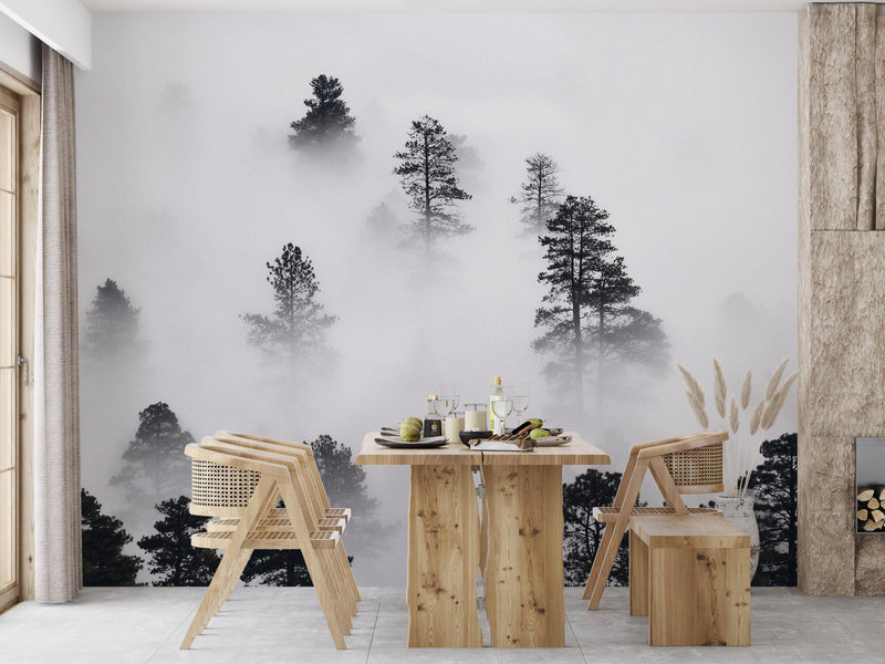 Foggy Forest Wallpaper Black and White Wall Mural.