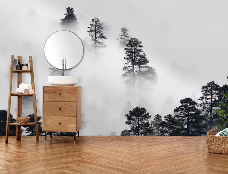 Foggy Forest Wallpaper Black and White Wall Mural.