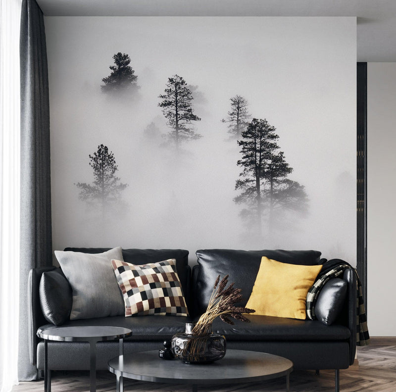 Foggy Forest Wallpaper Black and White Wall Mural.