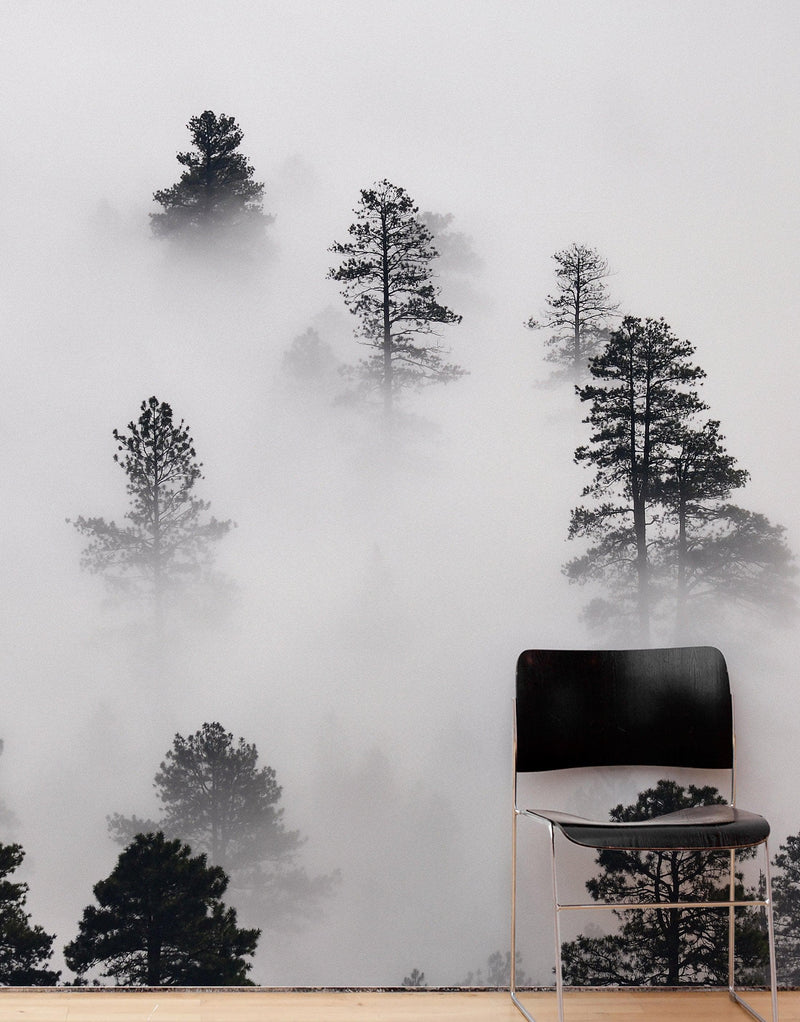 Foggy Forest Wallpaper Black and White Wall Mural.