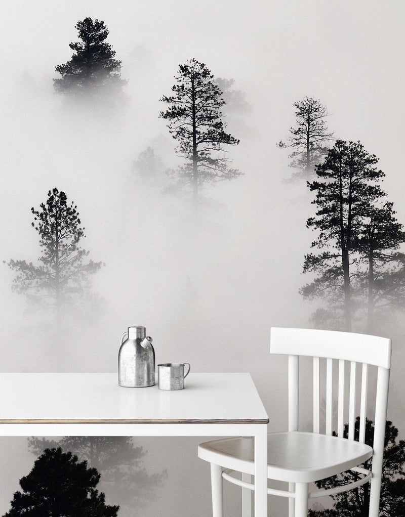 Foggy Forest Wallpaper Black and White Wall Mural.