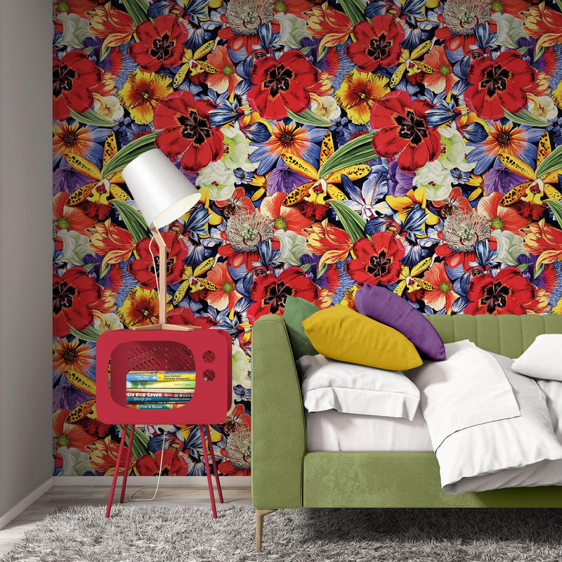 Colorful Blooming Flower Wall Mural. Tropical Floral Design Pattern Peel and Stick Wallpaper.