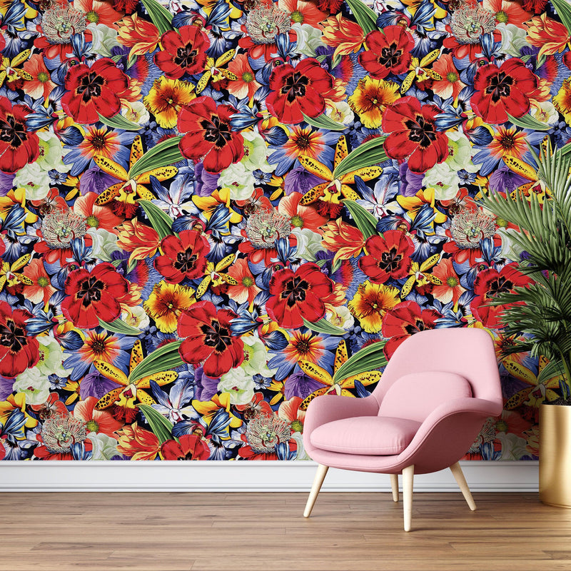 Colorful Blooming Flower Wall Mural. Tropical Floral Design Pattern Peel and Stick Wallpaper.