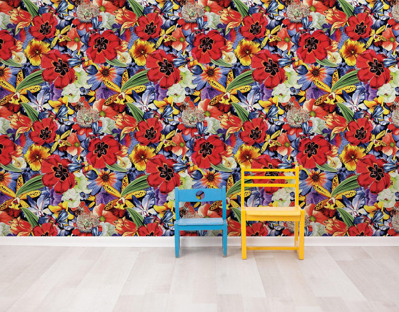 Colorful Blooming Flower Wall Mural. Tropical Floral Design Pattern Peel and Stick Wallpaper.