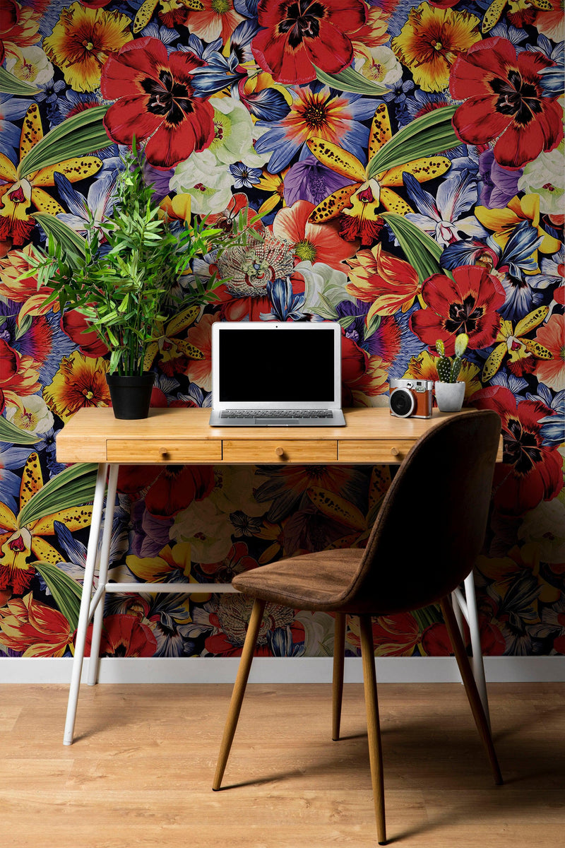 Colorful Blooming Flower Wall Mural. Tropical Floral Design Pattern Peel and Stick Wallpaper.