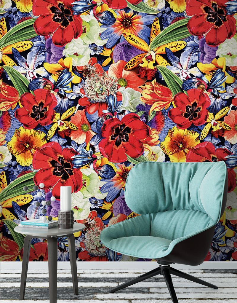 Colorful Blooming Flower Wall Mural. Tropical Floral Design Pattern Peel and Stick Wallpaper.