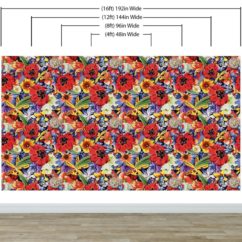 Colorful Blooming Flower Wall Mural. Tropical Floral Design Pattern Peel and Stick Wallpaper.