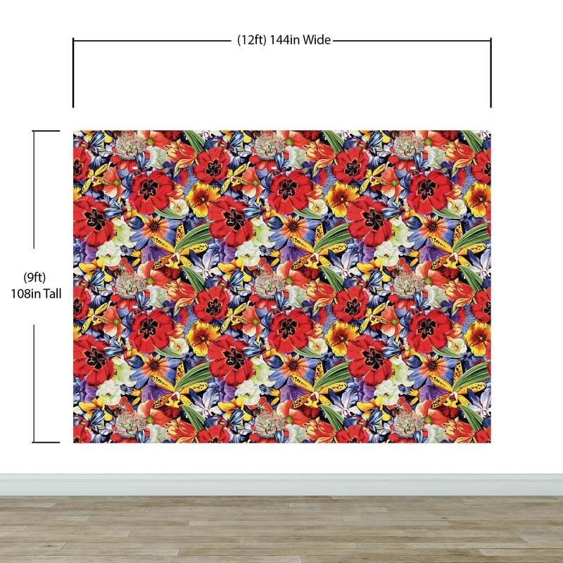 Colorful Blooming Flower Wall Mural. Tropical Floral Design Pattern Peel and Stick Wallpaper.