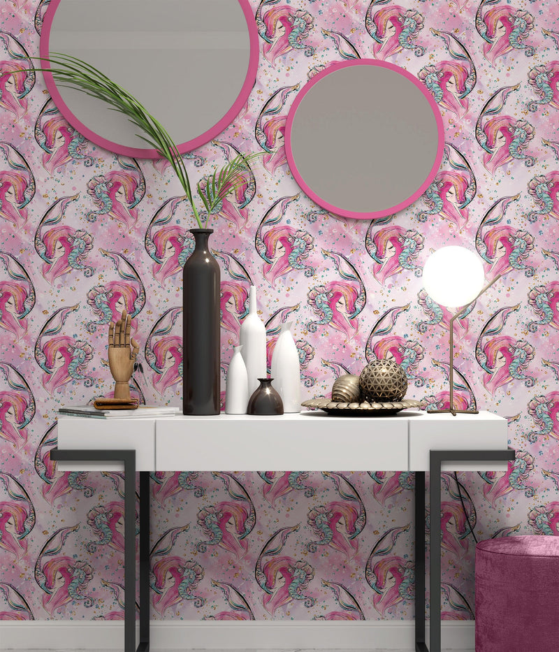 Pink Mermaid Wall Mural. Magical Cute Mermaid and Seahorse in Ocean Peel and Stick Wallpaper.