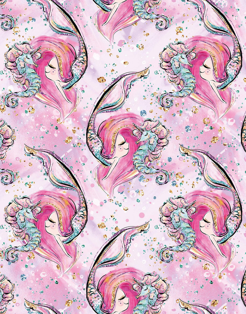 Pink Mermaid Wall Mural. Magical Cute Mermaid and Seahorse in Ocean Peel and Stick Wallpaper.