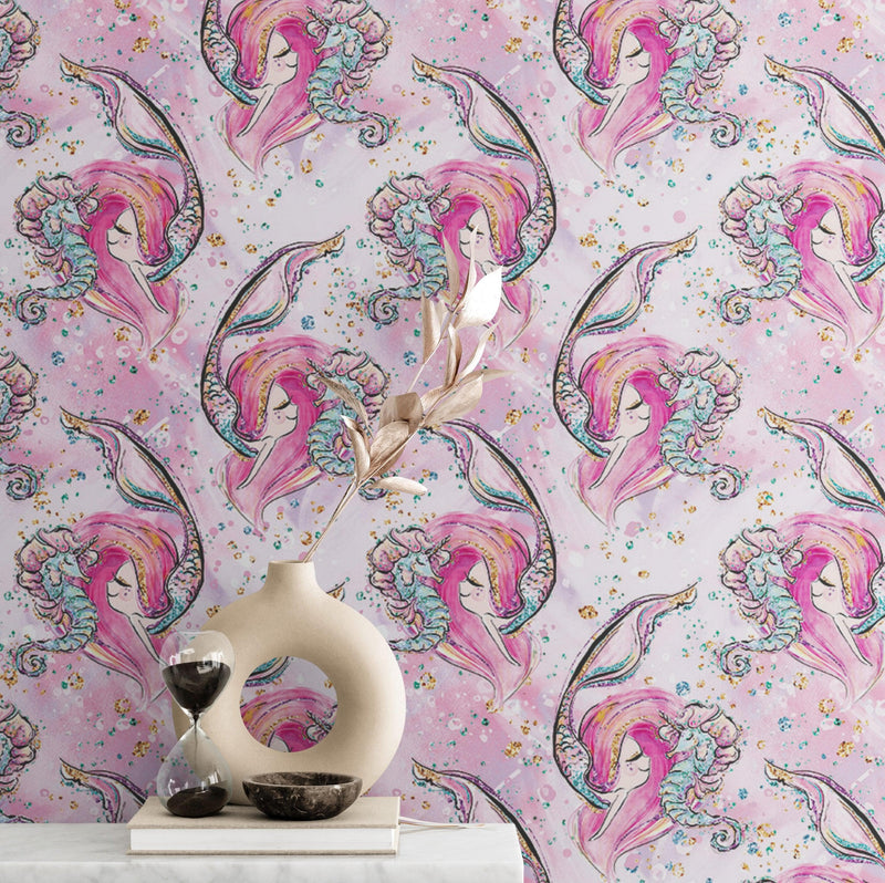 Pink Mermaid Wall Mural. Magical Cute Mermaid and Seahorse in Ocean Peel and Stick Wallpaper.