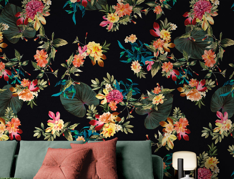 Tropical Flower Wall Mural. Paradise Botanical Flowers and Leave Black Background.