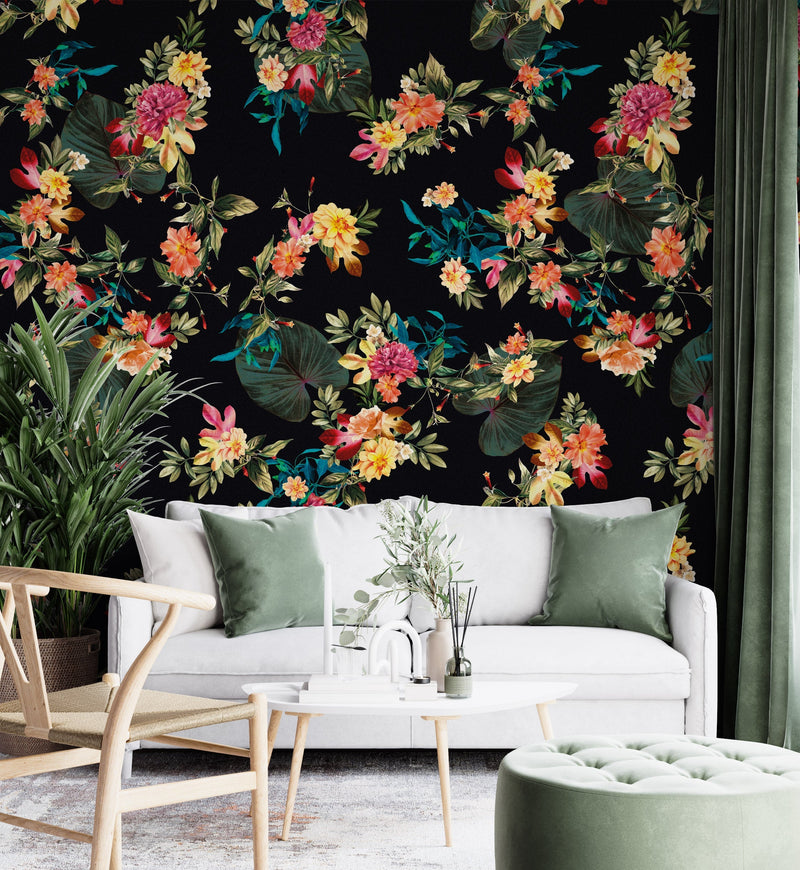 Tropical Flower Wall Mural. Paradise Botanical Flowers and Leave Black Background.