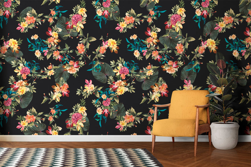 Tropical Flower Wall Mural. Paradise Botanical Flowers and Leave Black Background.