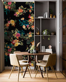 Tropical Flower Wall Mural. Paradise Botanical Flowers and Leave Black Background.