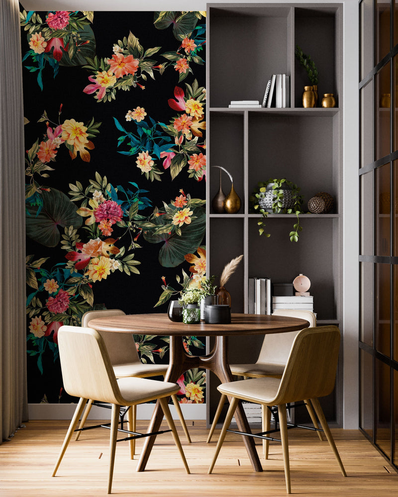 Tropical Flower Wall Mural. Paradise Botanical Flowers and Leave Black Background.