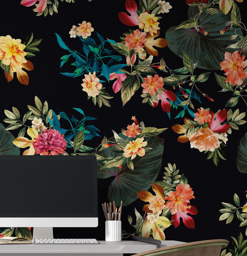 Tropical Flower Wall Mural. Paradise Botanical Flowers and Leave Black Background.