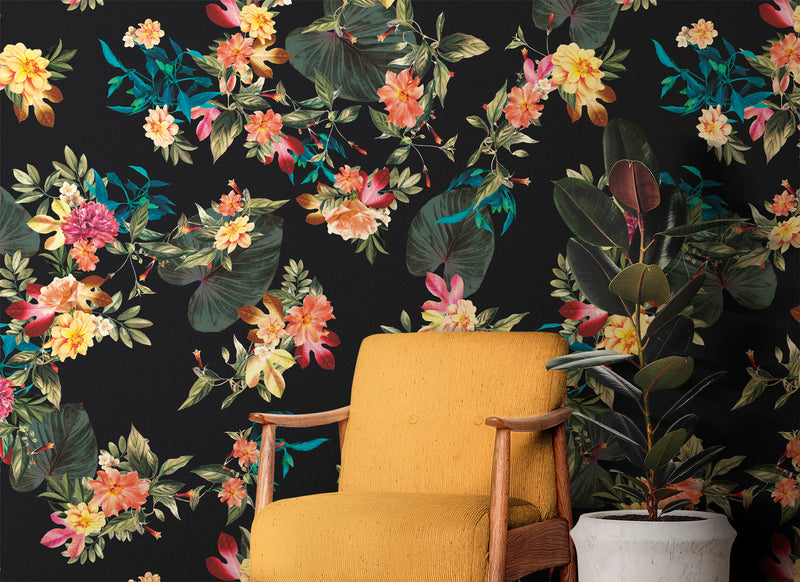 Tropical Flower Wall Mural. Paradise Botanical Flowers and Leave Black Background.